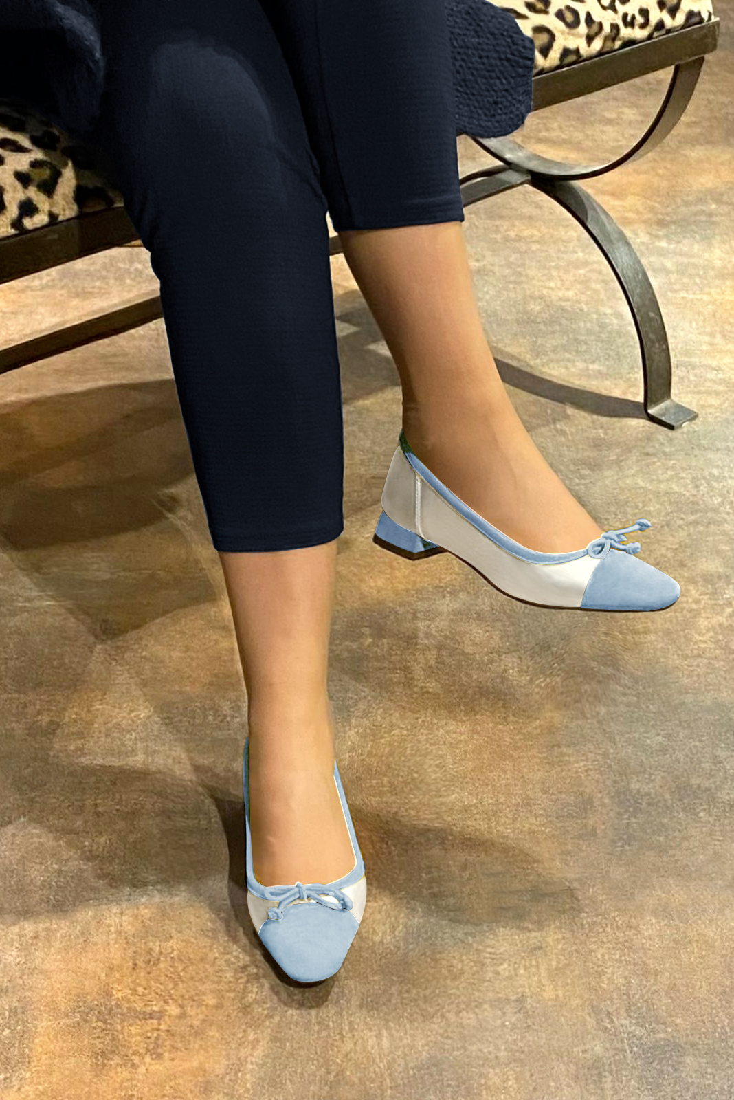 Sky blue and pure white women's ballet pumps, with low heels. Square toe. Flat flare heels. Worn view - Florence KOOIJMAN